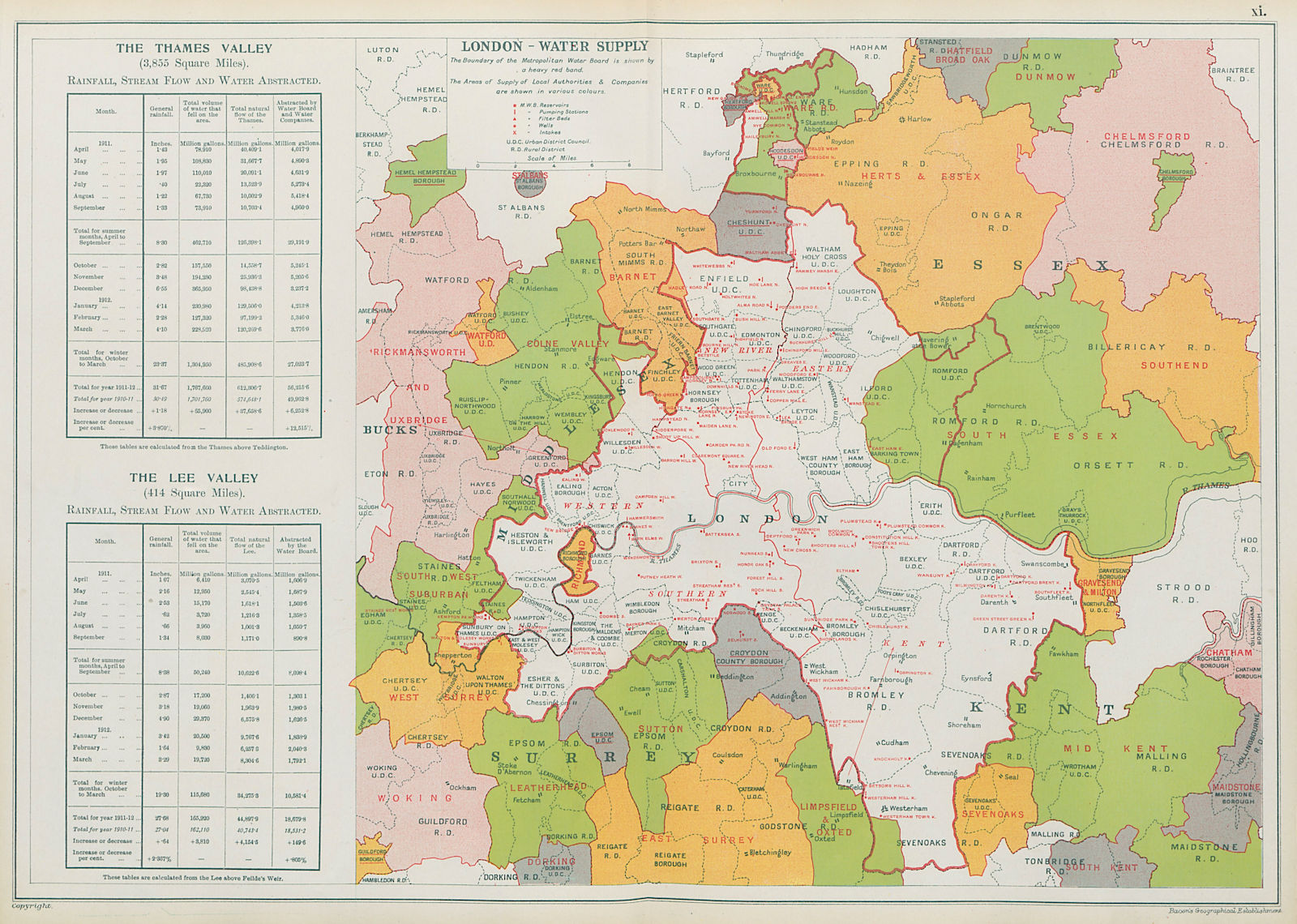 LONDON WATER SUPPLY. Metropolitan Water Board. Reservoirs Pumping Stns 1913 map